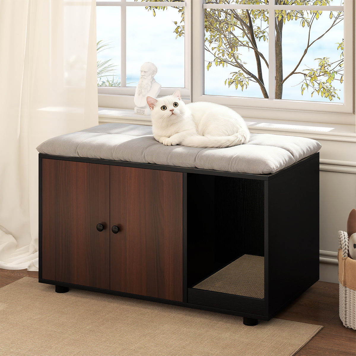 Wooden Cat Litter Box Enclosure with Scratching Board - Hidden Cat Furniture, Black