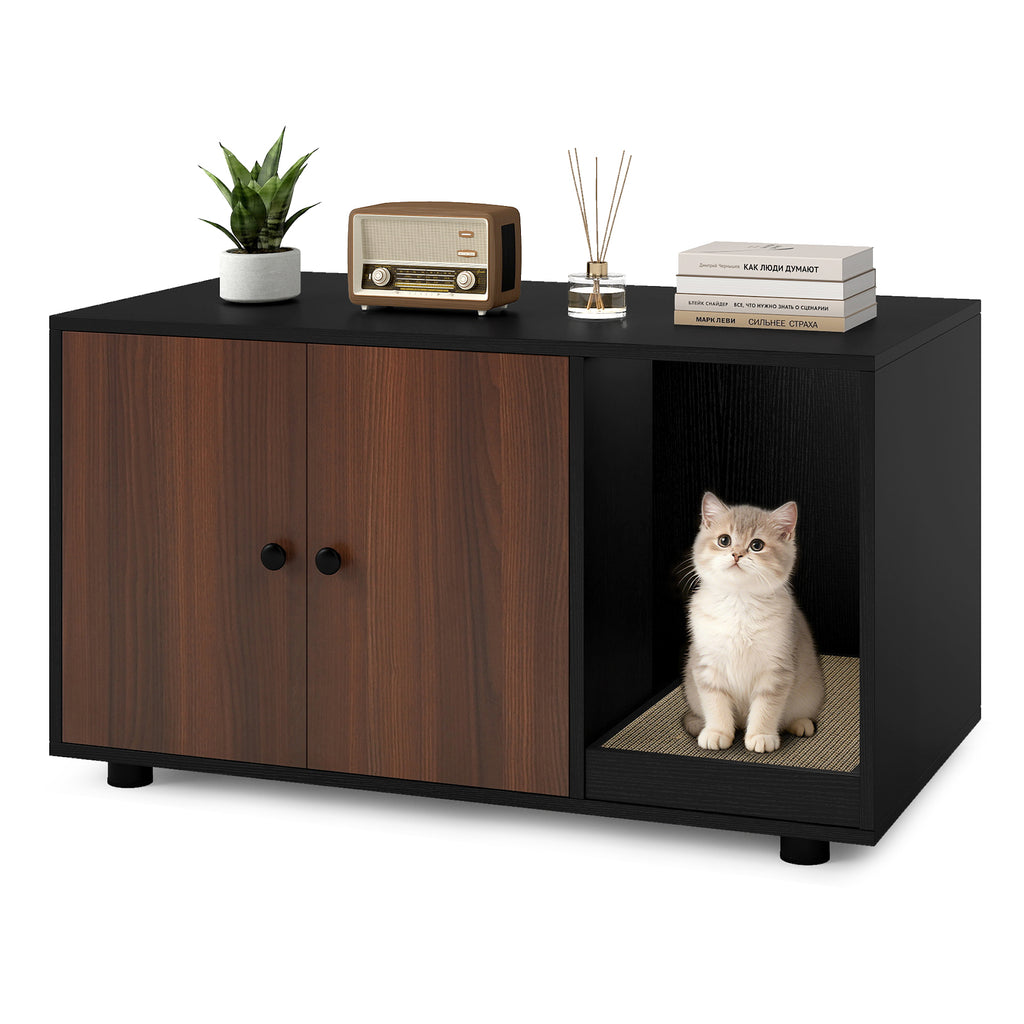 Wooden Cat Litter Box Enclosure with Scratching Board - Hidden Cat Furniture, Black