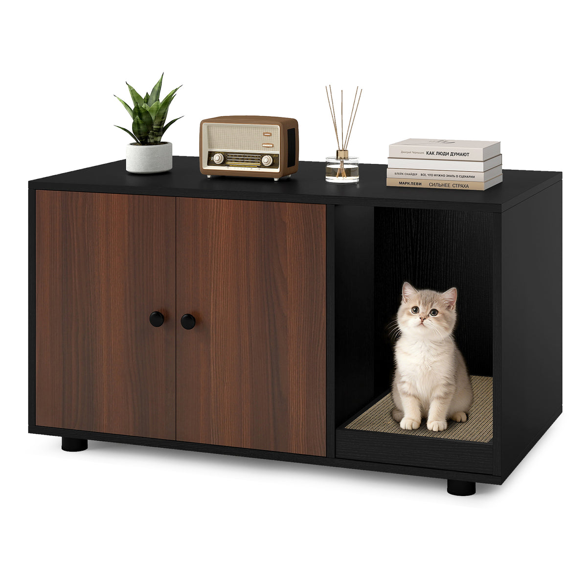 Wooden Cat Litter Box Enclosure with Scratching Board - Hidden Cat Furniture, Black