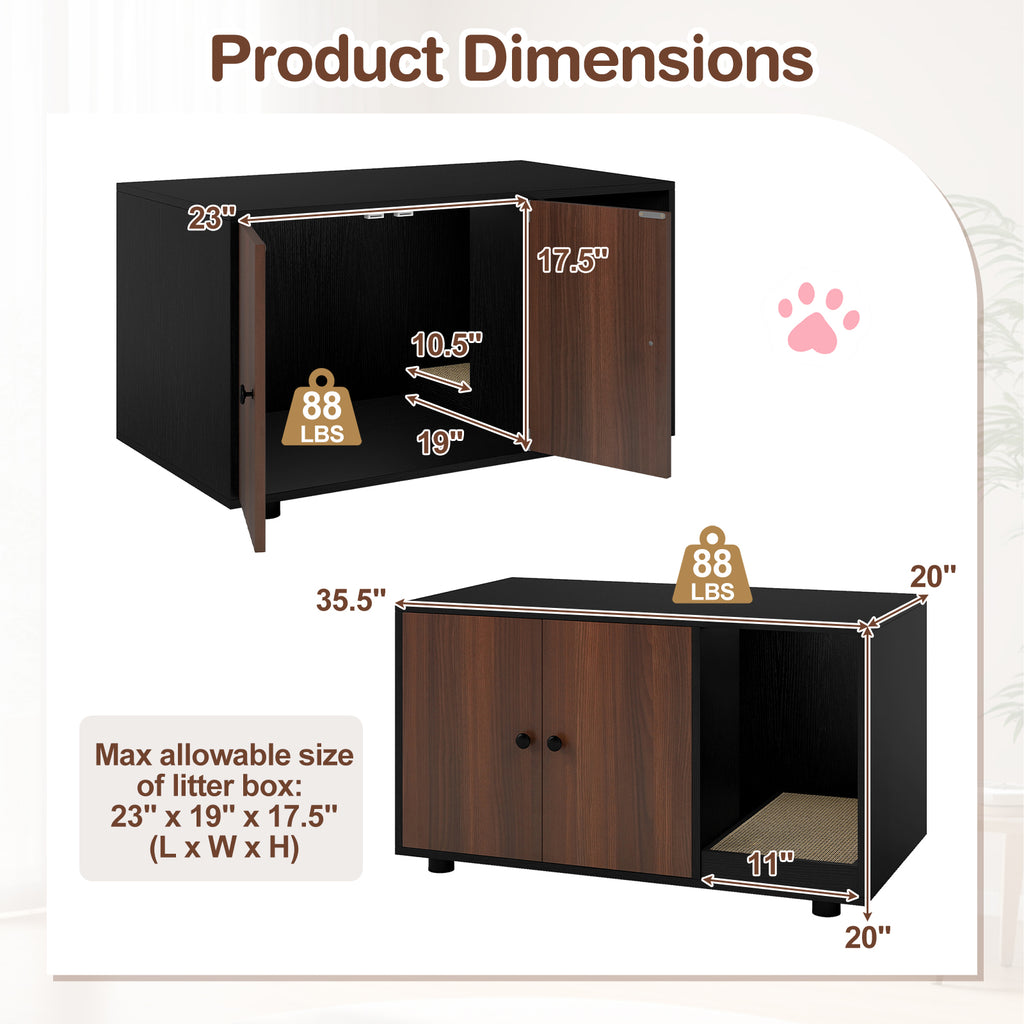 Wooden Cat Litter Box Enclosure with Scratching Board - Hidden Cat Furniture, Black