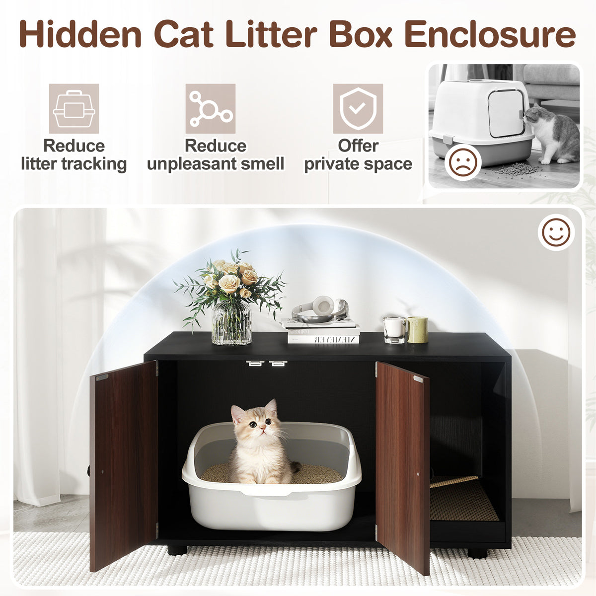 Wooden Cat Litter Box Enclosure with Scratching Board - Hidden Cat Furniture, Black