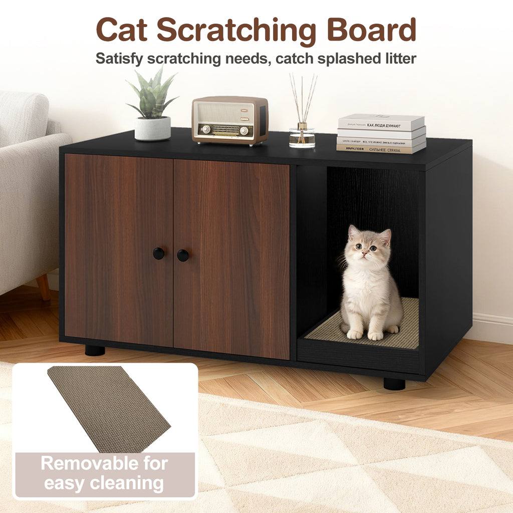 Wooden Cat Litter Box Enclosure with Scratching Board - Hidden Cat Furniture, Black