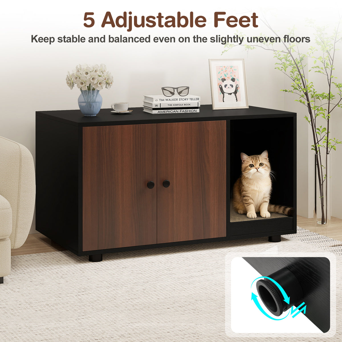 Wooden Cat Litter Box Enclosure with Scratching Board - Hidden Cat Furniture, Black