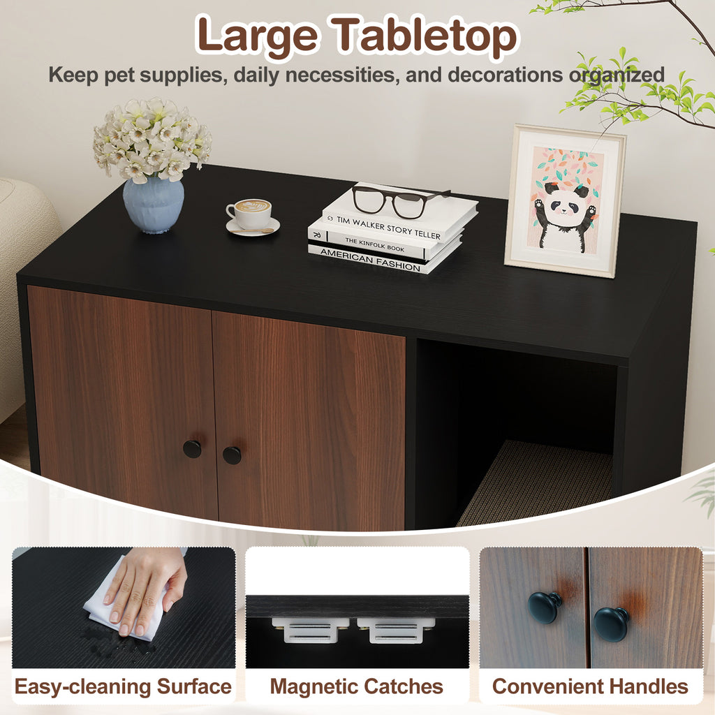 Wooden Cat Litter Box Enclosure with Scratching Board - Hidden Cat Furniture, Black