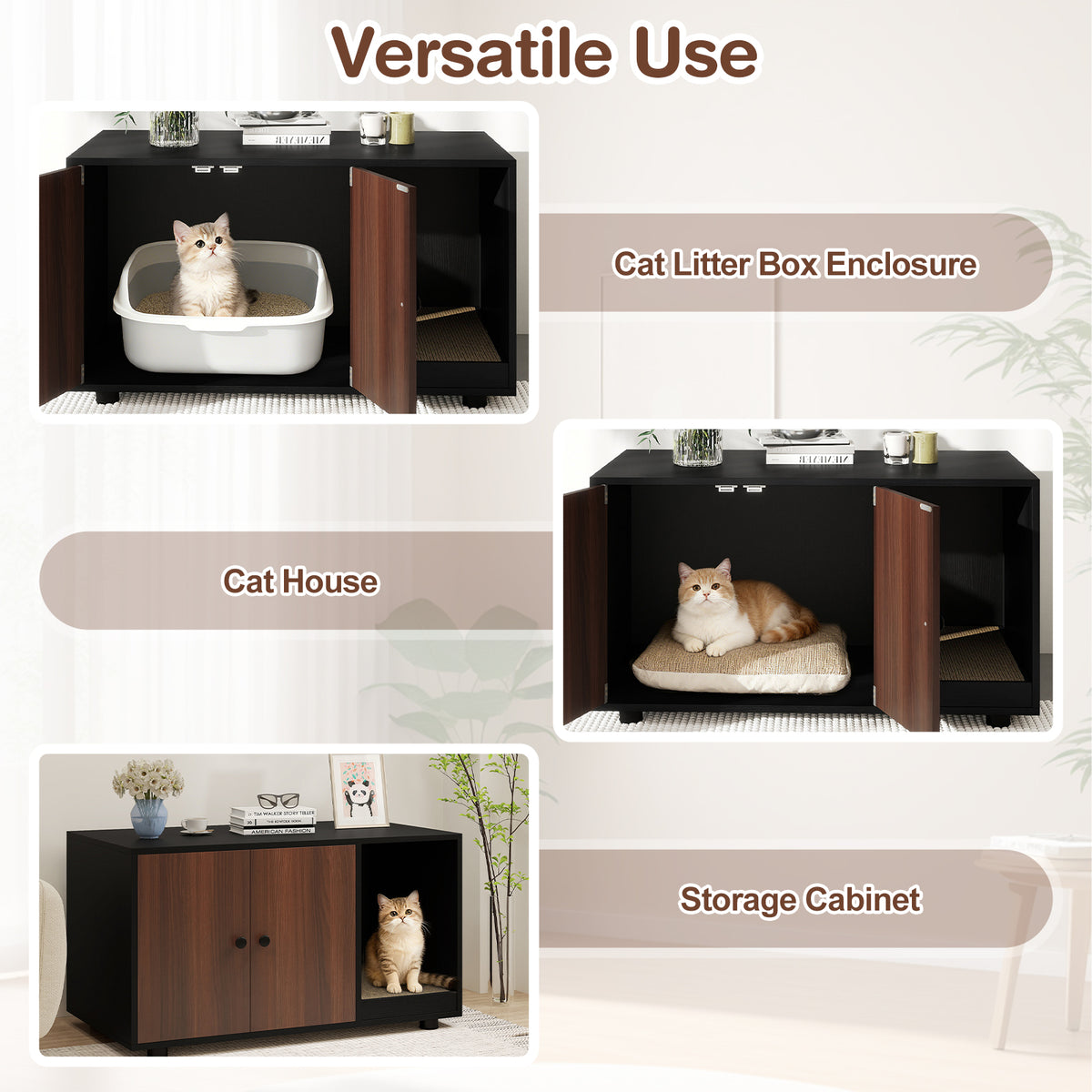 Wooden Cat Litter Box Enclosure with Scratching Board - Hidden Cat Furniture, Black