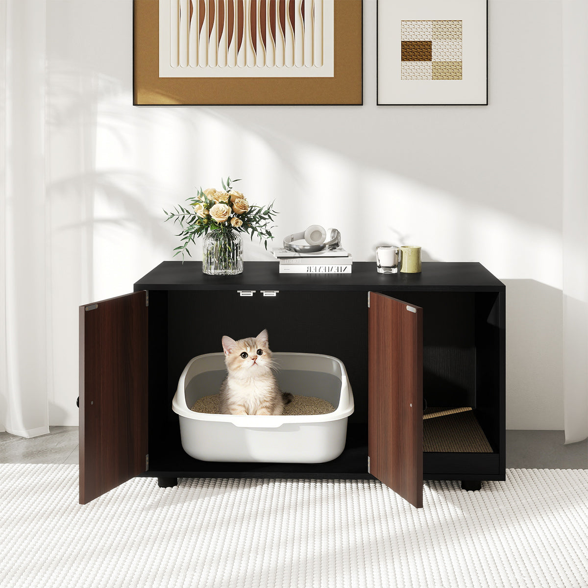 Wooden Cat Litter Box Enclosure with Scratching Board - Oak, Hidden Cat Furniture