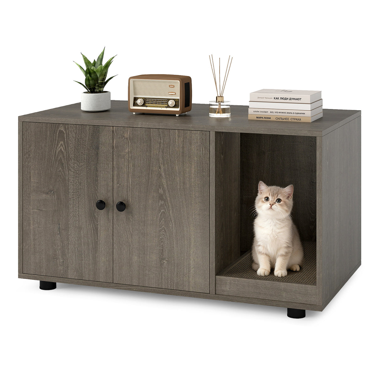 Wooden Cat Litter Box Enclosure with Scratching Board - Oak, Hidden Cat Furniture