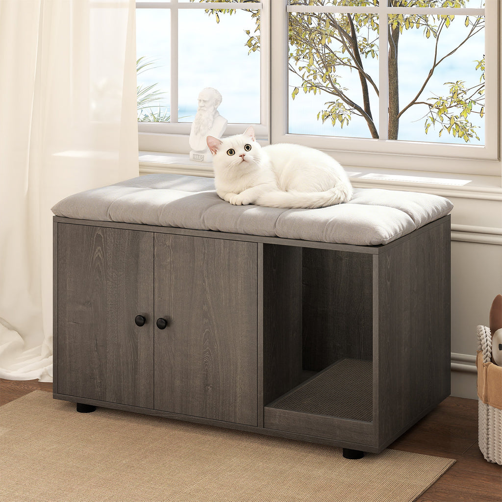 Wooden Cat Litter Box Enclosure with Scratching Board - Oak, Hidden Cat Furniture