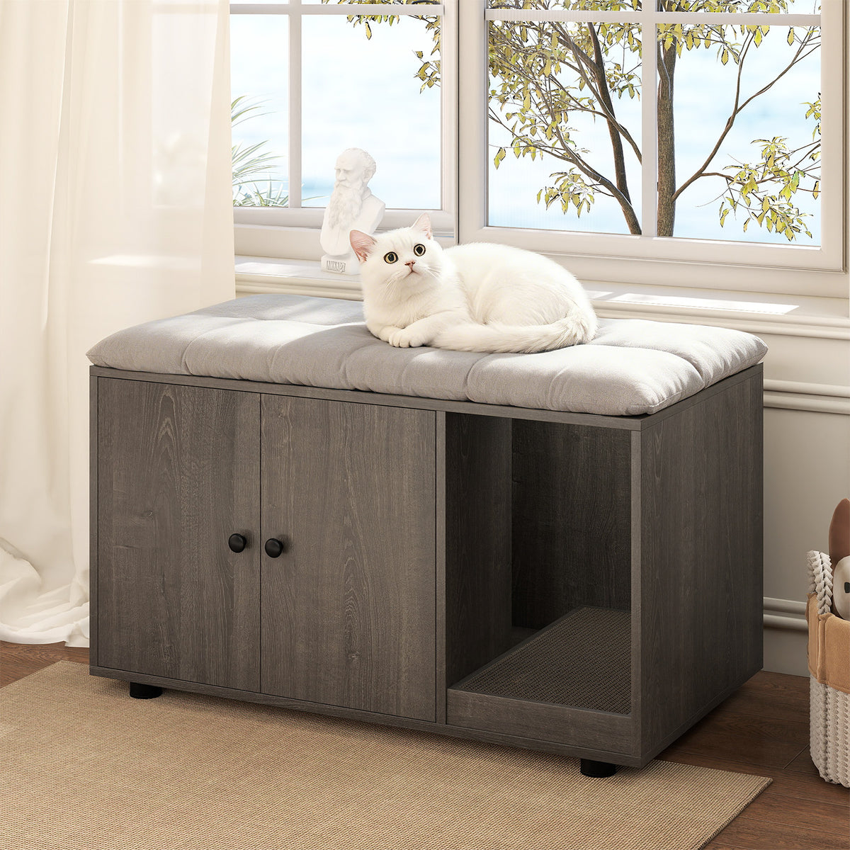 Wooden Cat Litter Box Enclosure with Scratching Board - Oak, Hidden Cat Furniture