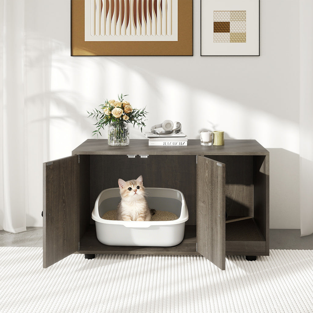 Wooden Cat Litter Box Enclosure with Scratching Board - Oak, Hidden Cat Furniture