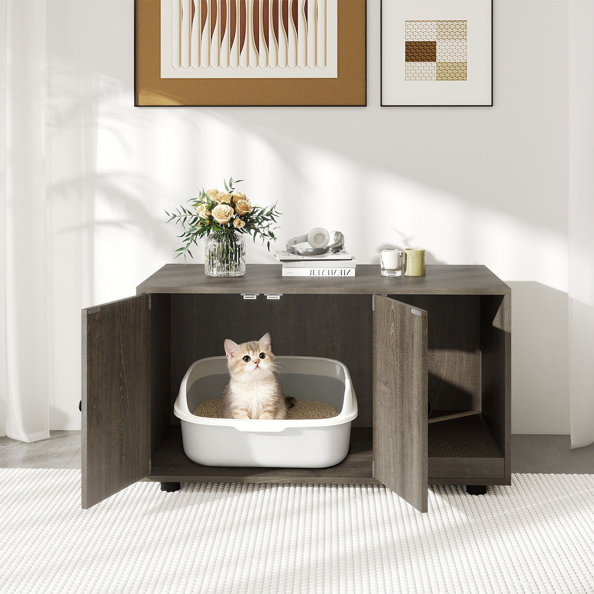 Wooden Cat Litter Box Enclosure with Scratching Board - Oak, Hidden Cat Furniture