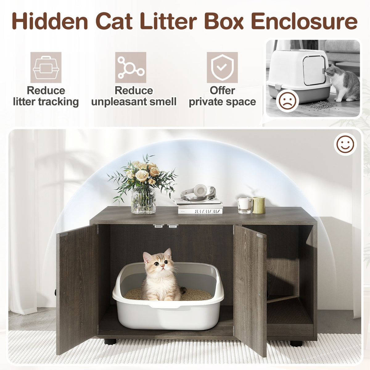 Wooden Cat Litter Box Enclosure with Scratching Board - Oak, Hidden Cat Furniture