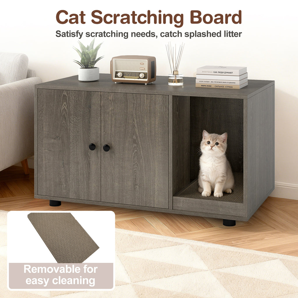 Wooden Cat Litter Box Enclosure with Scratching Board - Oak, Hidden Cat Furniture