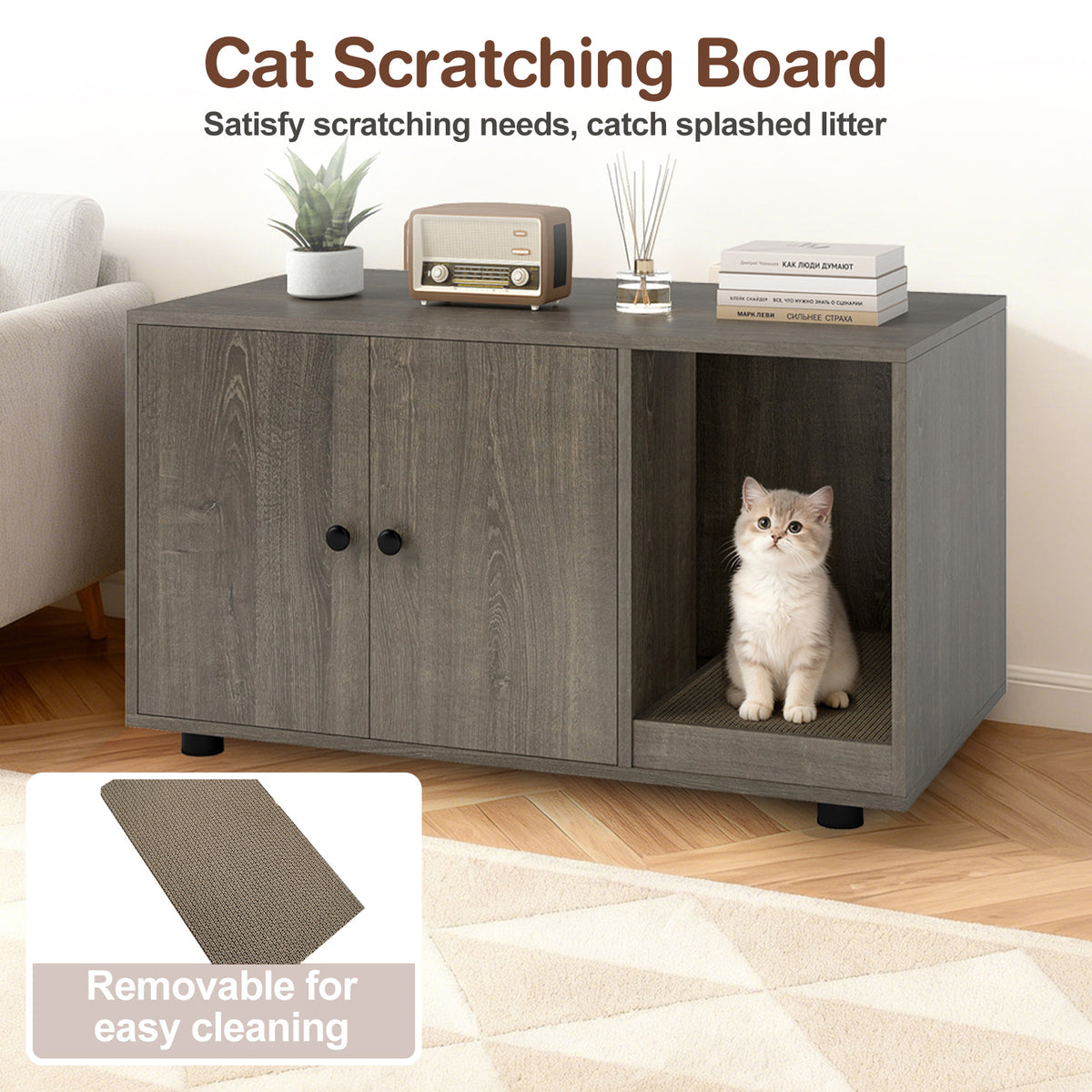 Wooden Cat Litter Box Enclosure with Scratching Board - Oak, Hidden Cat Furniture