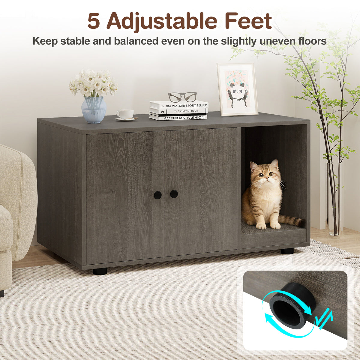 Wooden Cat Litter Box Enclosure with Scratching Board - Oak, Hidden Cat Furniture