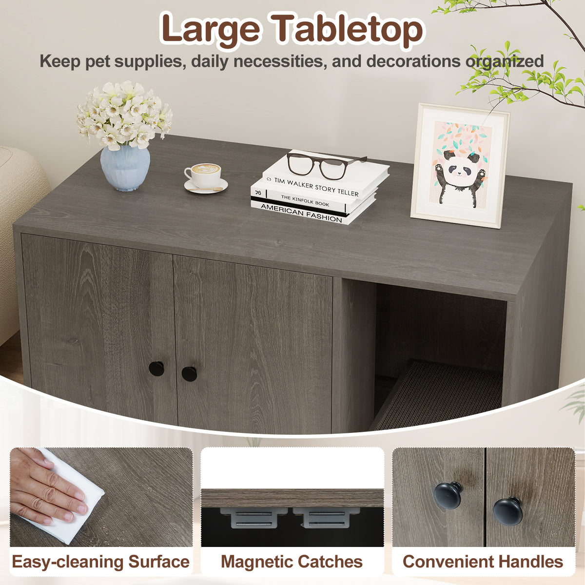 Wooden Cat Litter Box Enclosure with Scratching Board - Oak, Hidden Cat Furniture