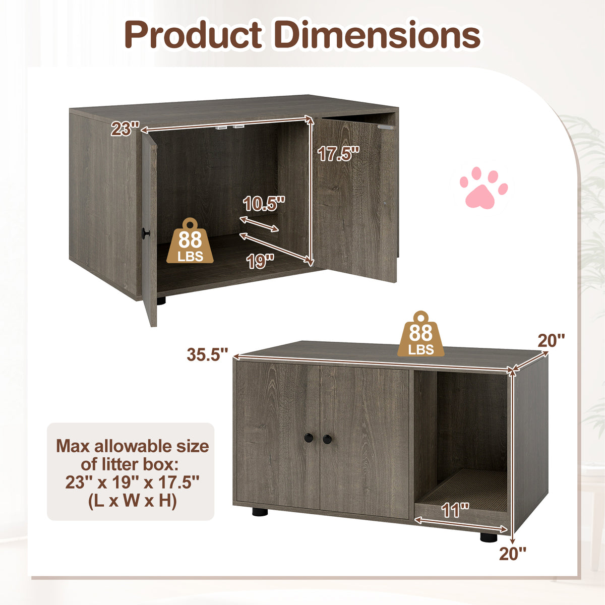 Wooden Cat Litter Box Enclosure with Scratching Board - Oak, Hidden Cat Furniture