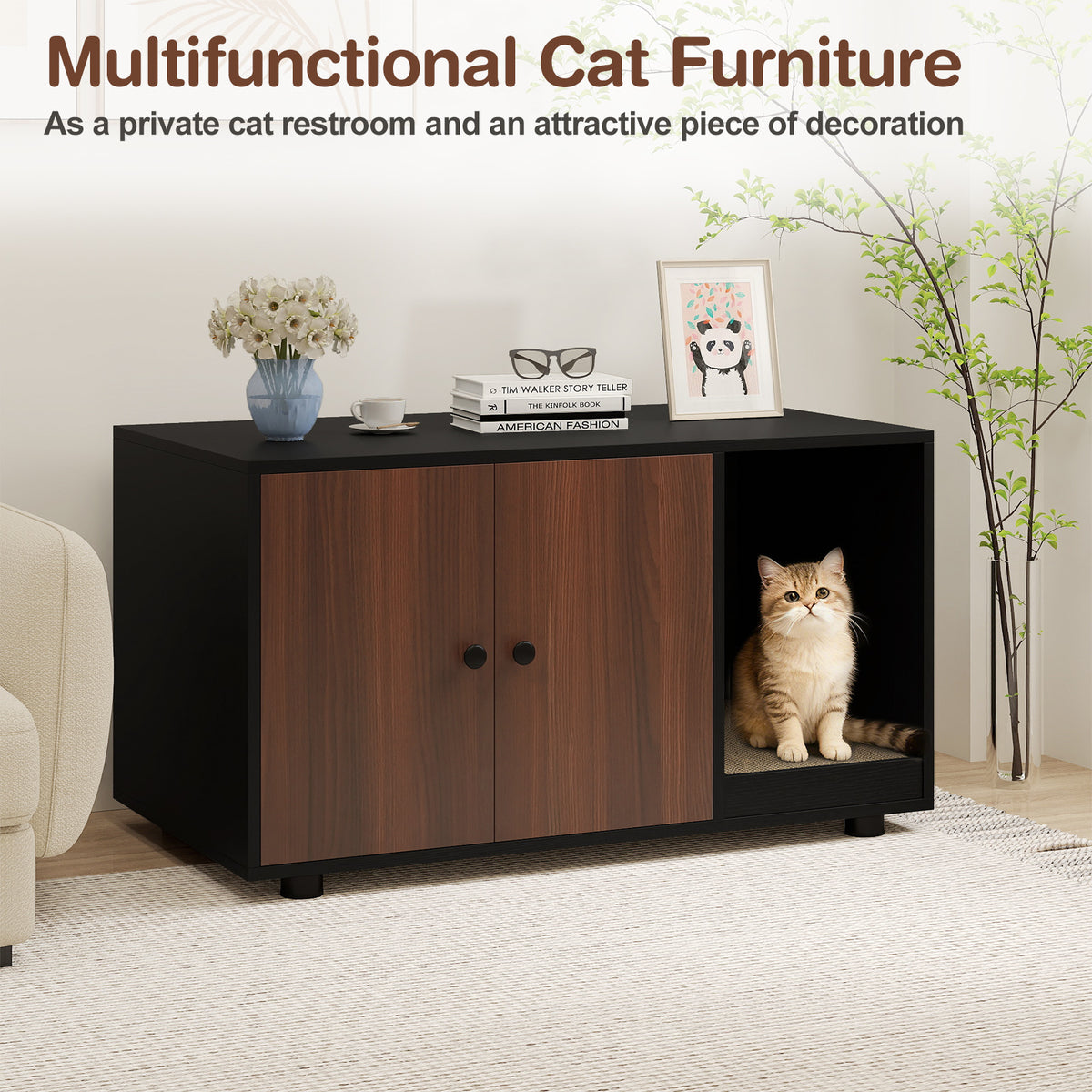 Wooden Cat Litter Box Enclosure with Scratching Board - Hidden Cat Furniture, Black