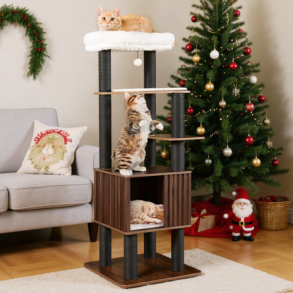 Wooden Cat Tower Top Perch with Soft Padding - Brown, 6 Levels & Scratching Posts