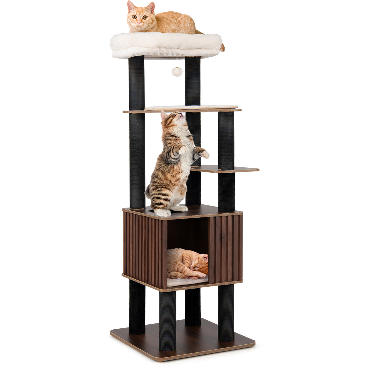 Wooden Cat Tower Top Perch with Soft Padding - Brown, 6 Levels & Scratching Posts