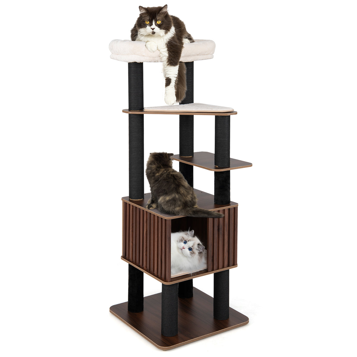 Wooden Cat Tower Top Perch with Soft Padding - Brown, 6 Levels & Scratching Posts