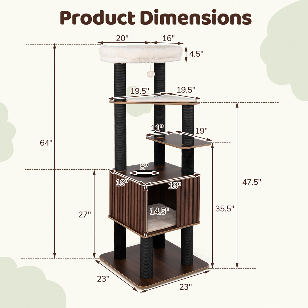 Wooden Cat Tower Top Perch with Soft Padding - Brown, 6 Levels & Scratching Posts