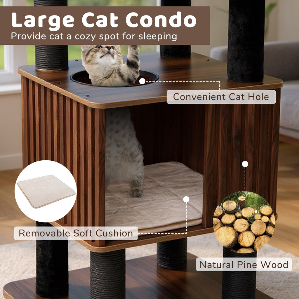 Wooden Cat Tower Top Perch with Soft Padding - Brown, 6 Levels & Scratching Posts