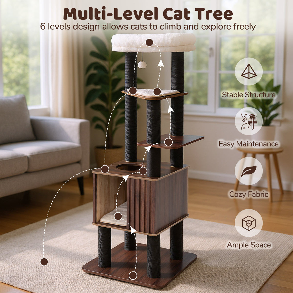 Wooden Cat Tower Top Perch with Soft Padding - Brown, 6 Levels & Scratching Posts