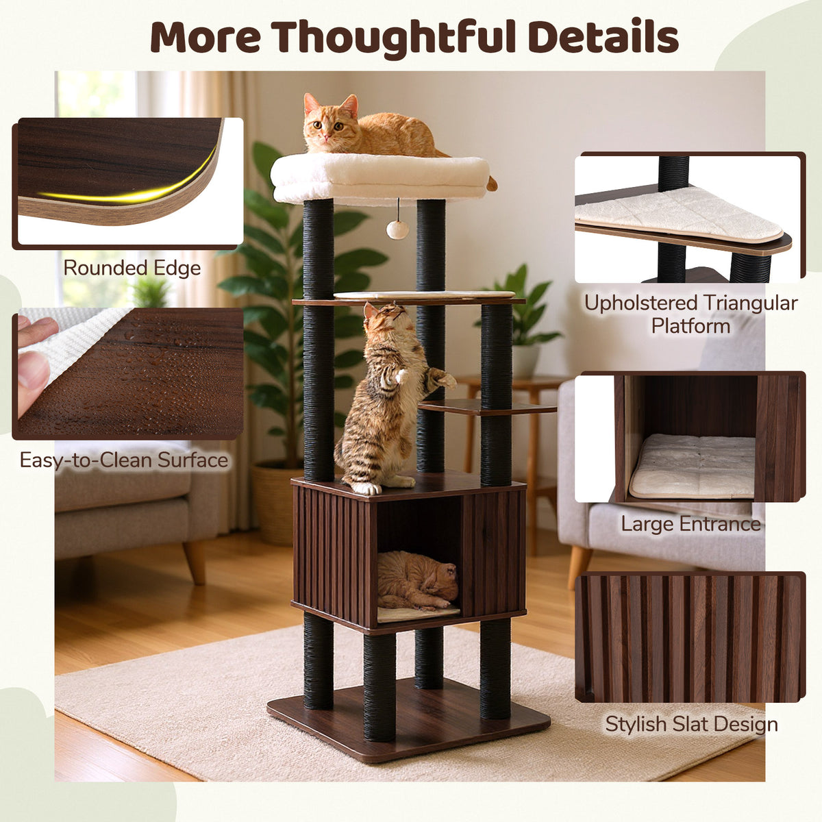 Wooden Cat Tower Top Perch with Soft Padding - Brown, 6 Levels & Scratching Posts