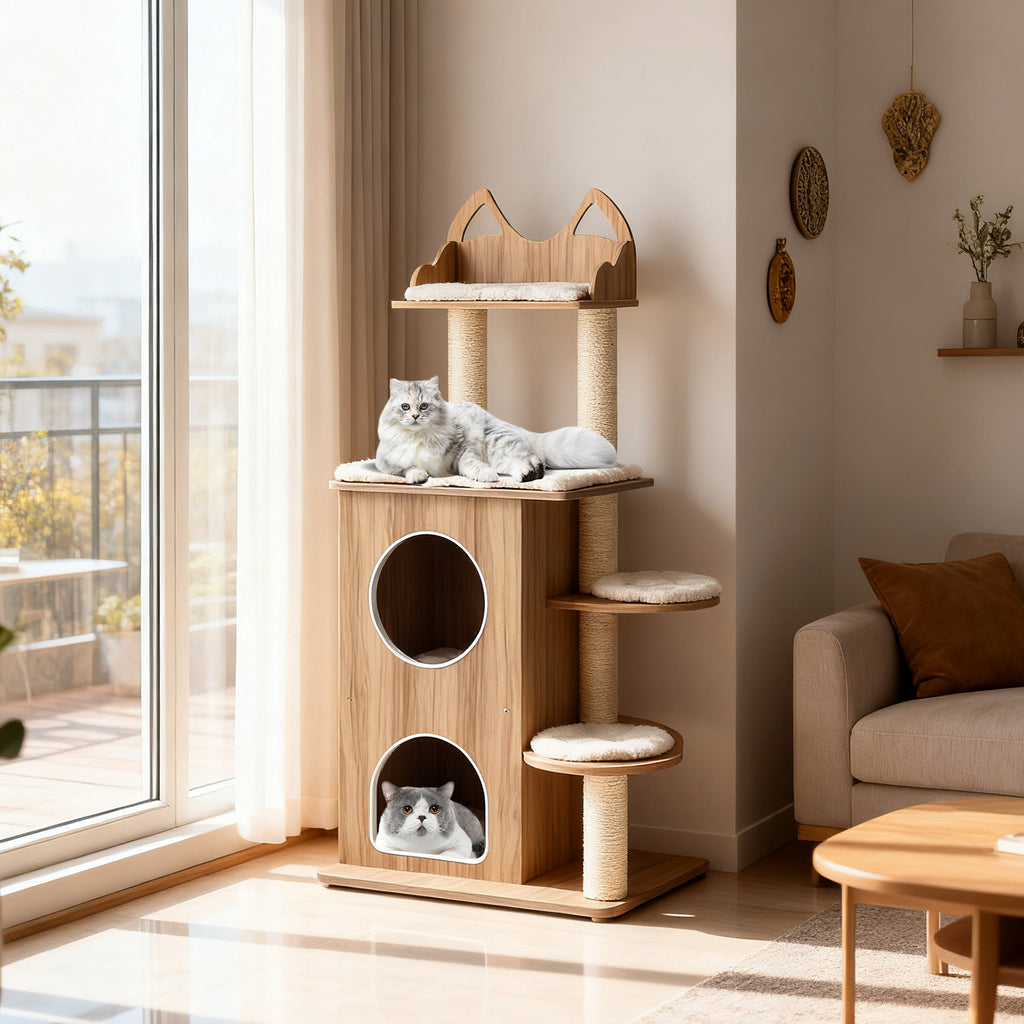 48 Inch Wooden Cat Tree with 2-Floor Condo Washable Cushions - Natural Variation