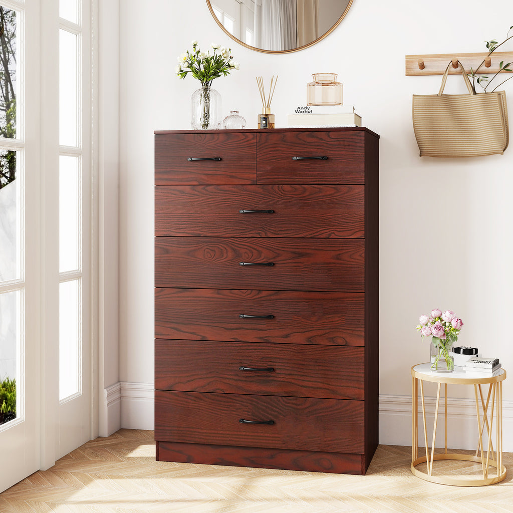 7-Drawer Tall Dresser with Metal Handles - Brown