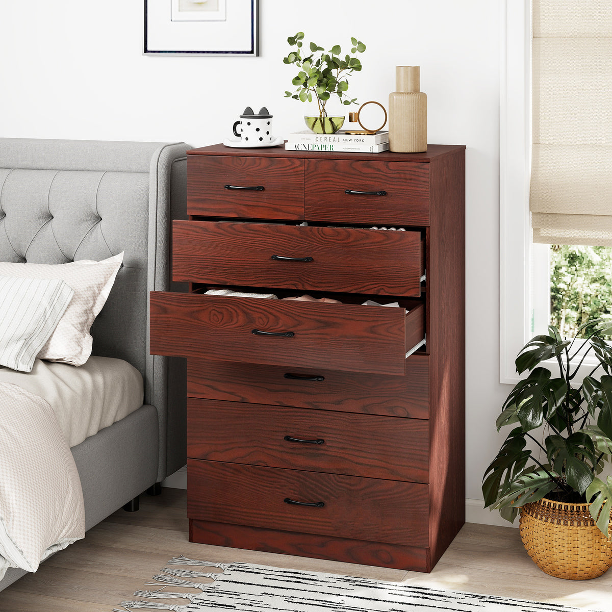 7-Drawer Tall Dresser with Metal Handles, Brown