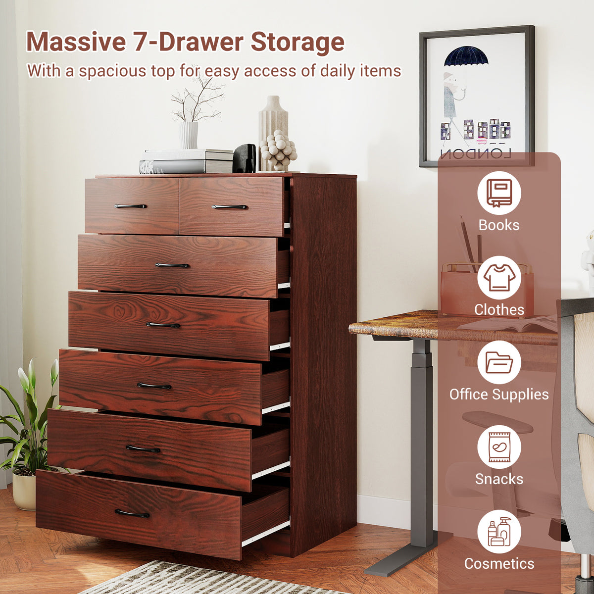 7-Drawer Tall Dresser with Metal Handles, Brown