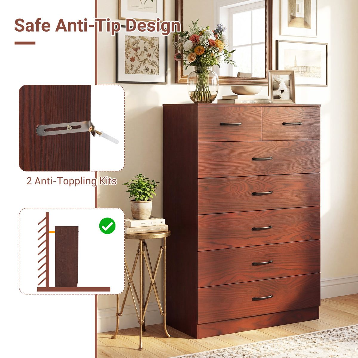 7-Drawer Tall Dresser with Metal Handles, Brown