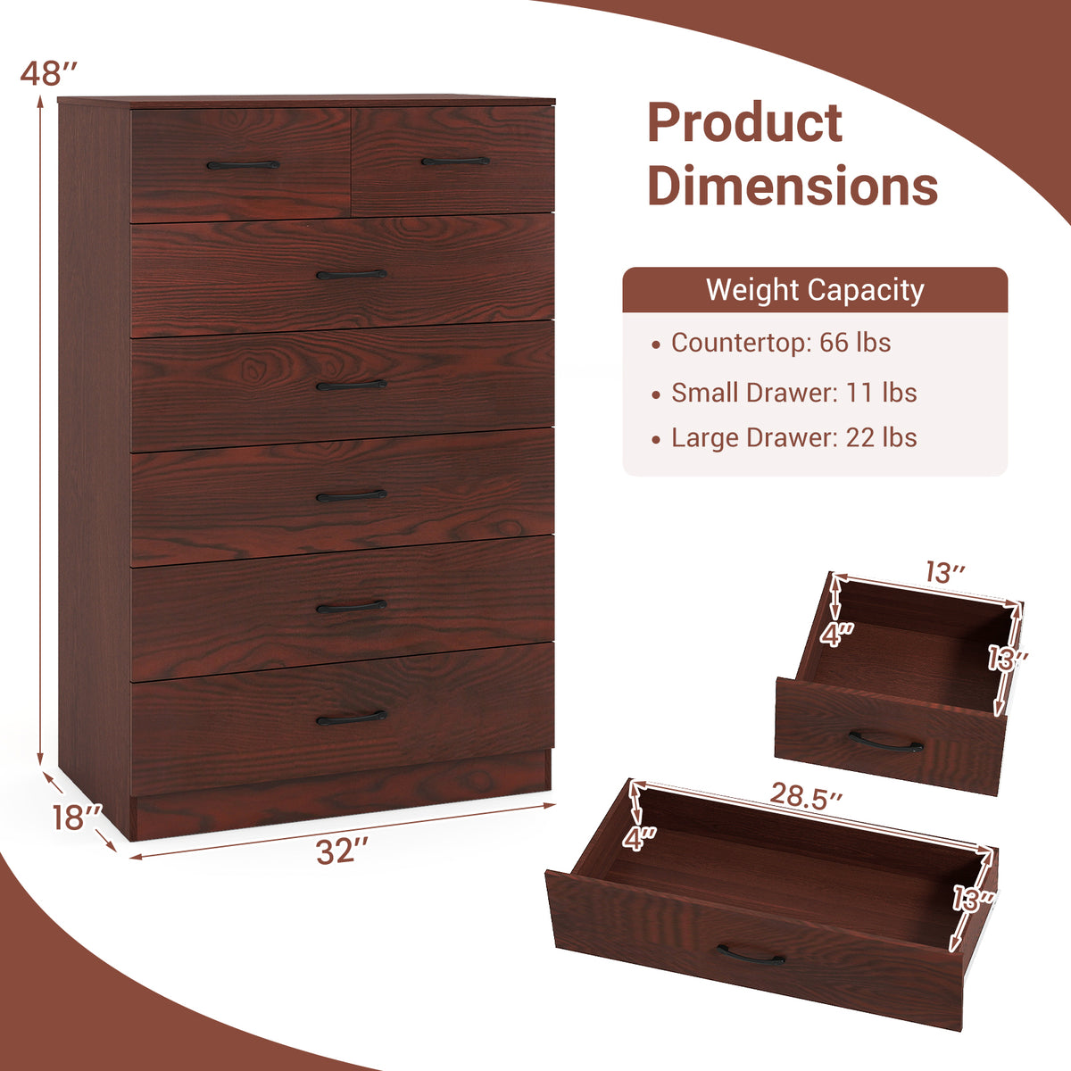 7-Drawer Tall Dresser with Metal Handles, Brown
