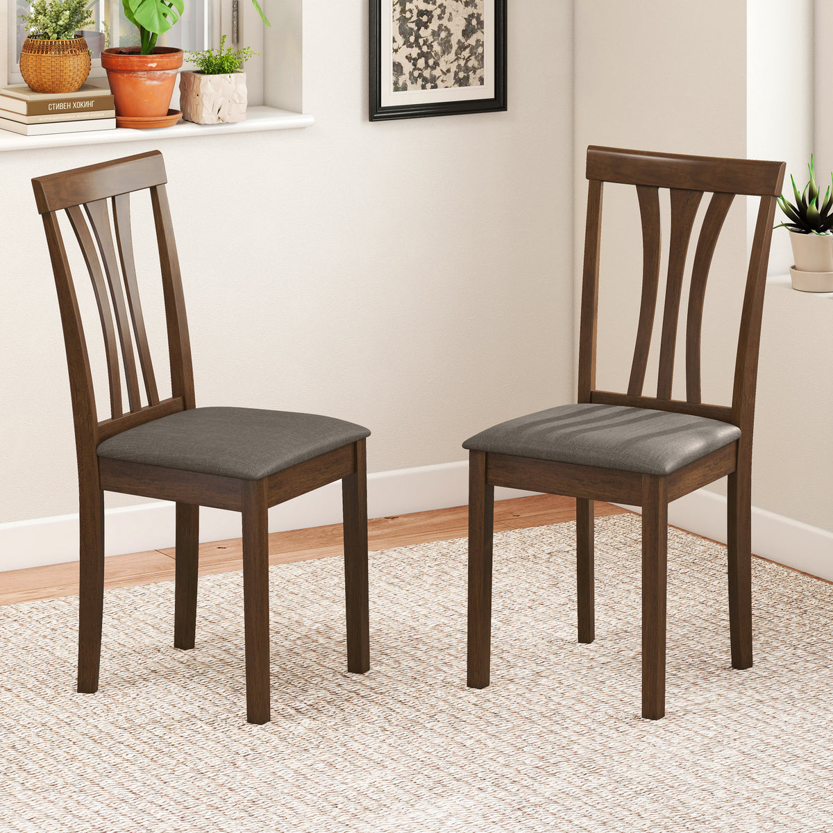 Wooden Dining Chairs Set of 2, Linen Upholstered - Brown