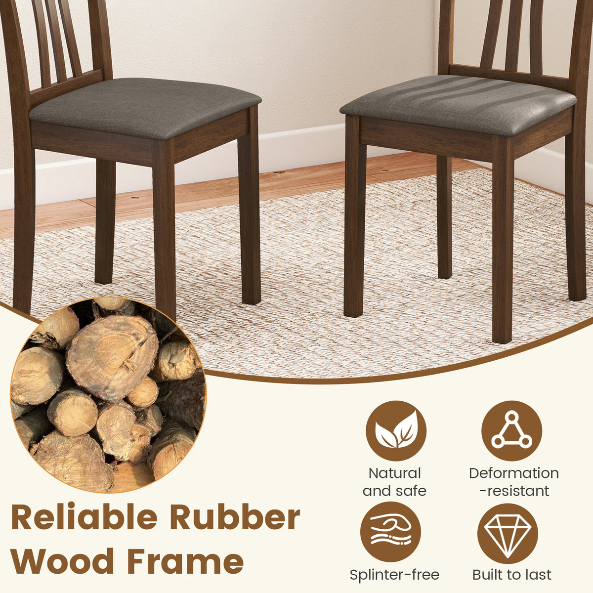 Wooden Dining Chairs Set of 2, Linen Upholstered - Brown