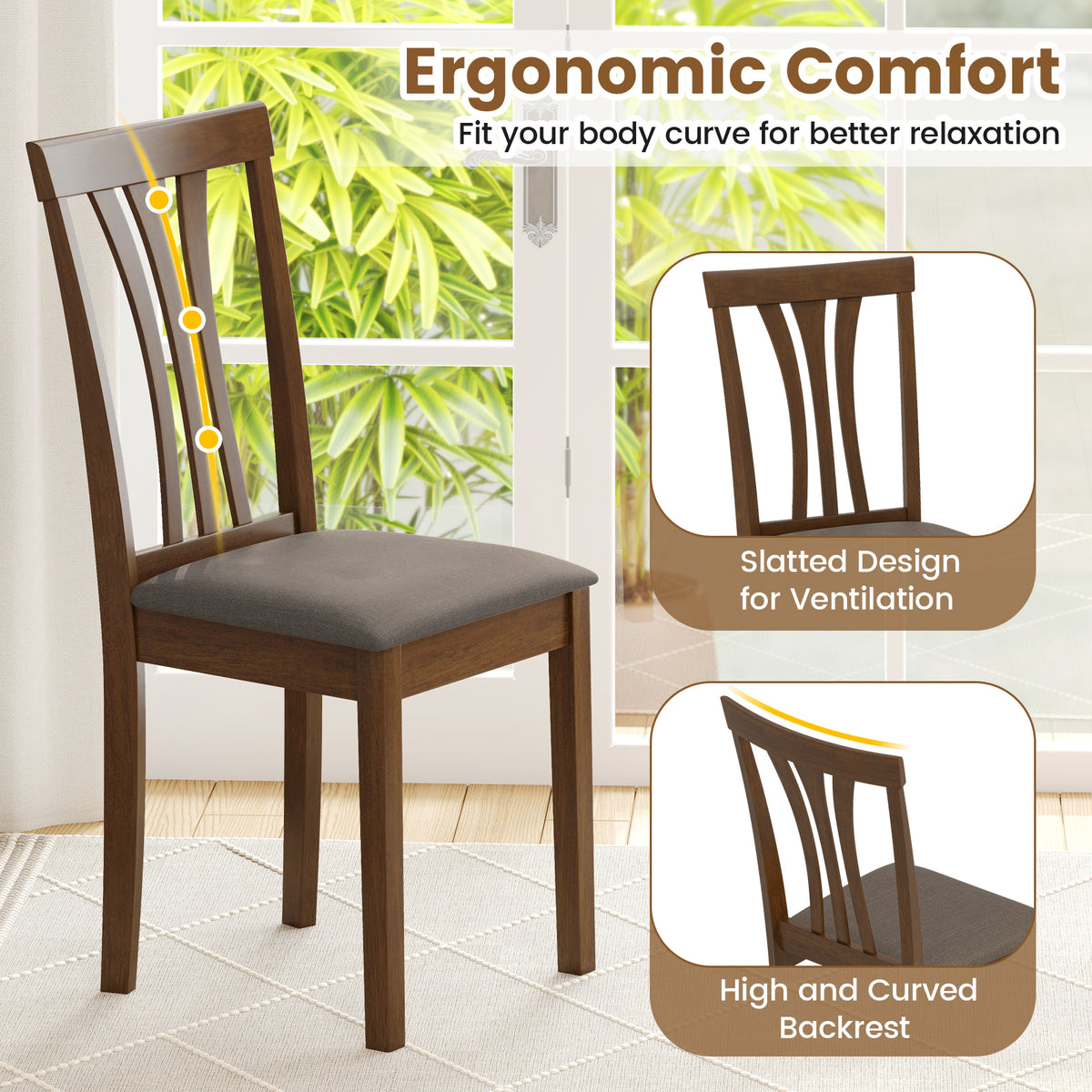 Wooden Dining Chairs Set of 2, Linen Upholstered - Brown