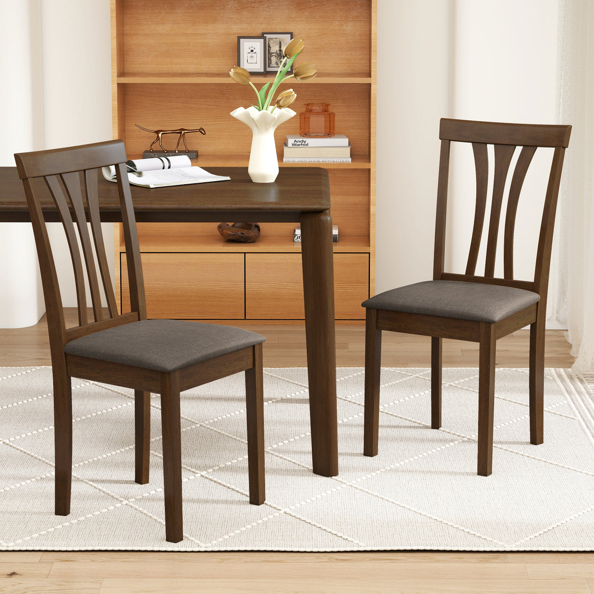 Wooden Dining Chairs Set of 2, Linen Upholstered - Brown