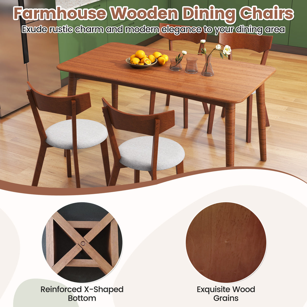 Dining Chair Set of 2 - Wooden Frame with Padded Seat