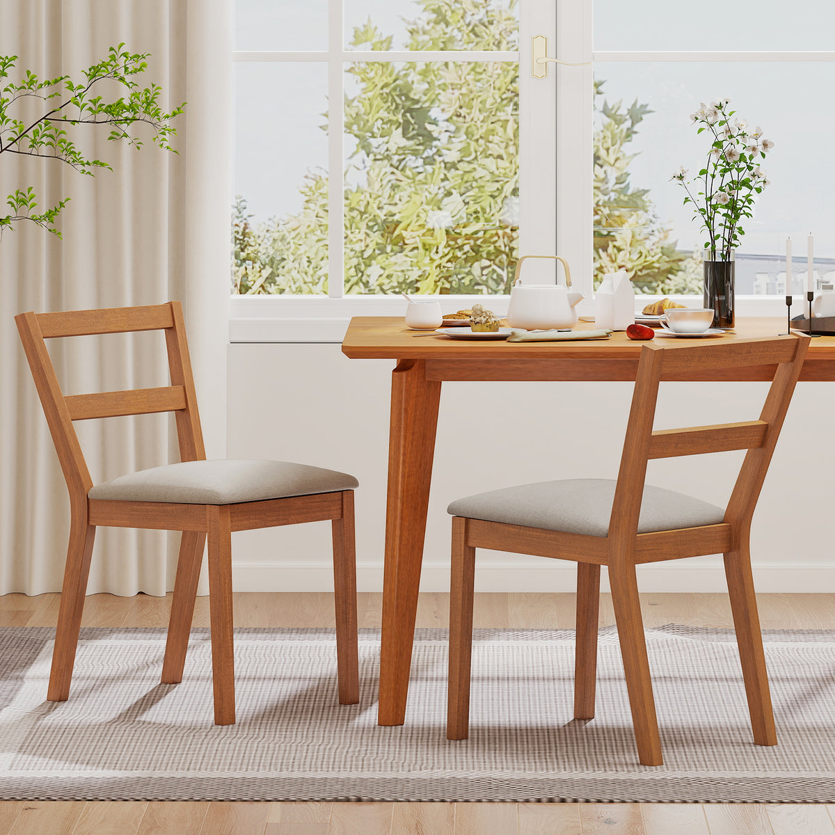 Wooden Dining Chair Set of 2 - Brown Upholstered Farmhouse Kitchen Chair