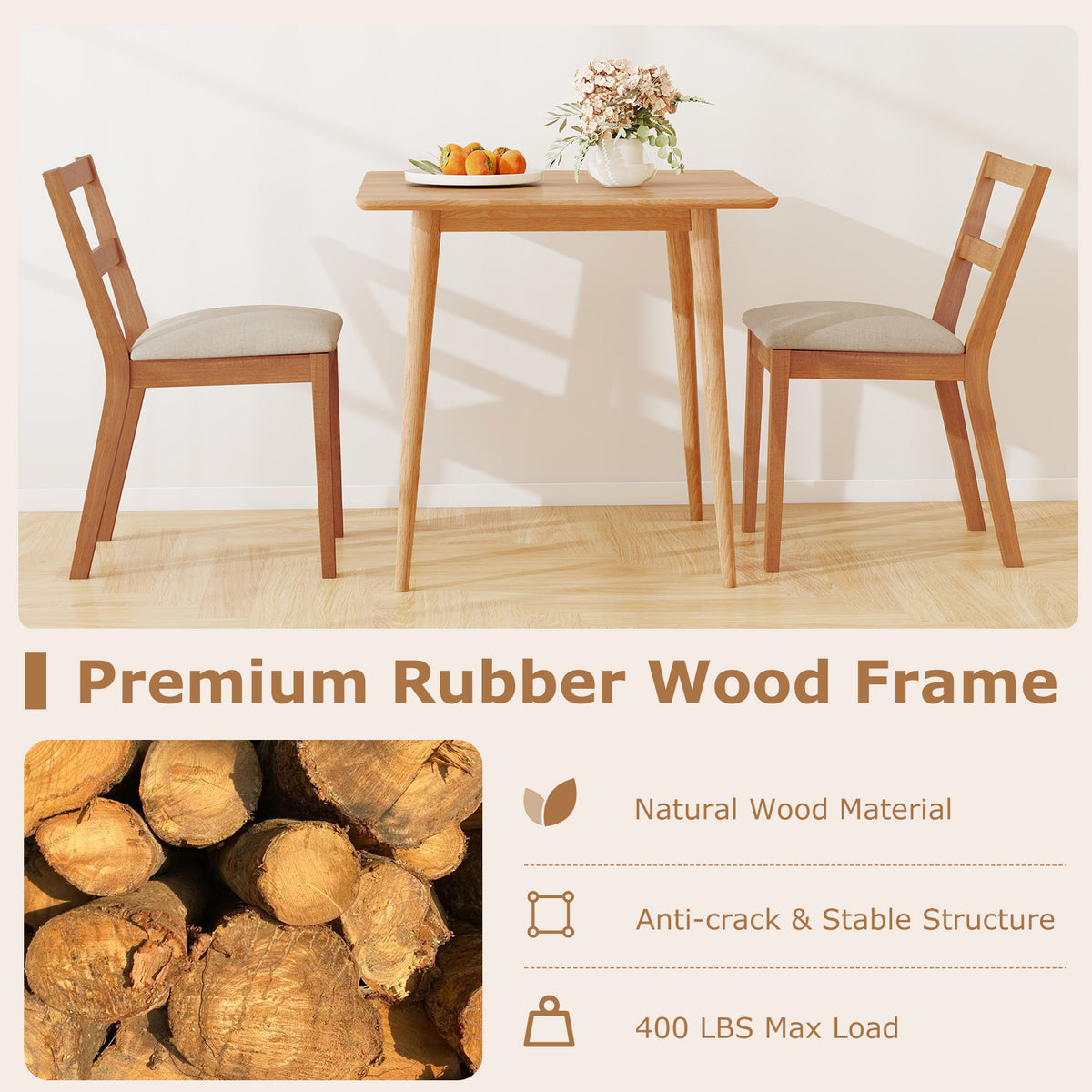 Wooden Dining Chair Set of 2 - Brown Upholstered Farmhouse Kitchen Chair