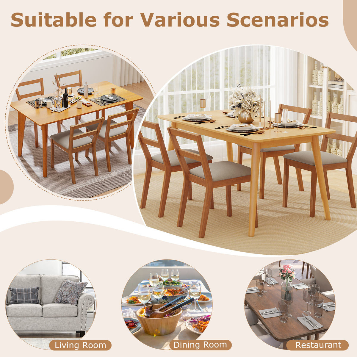 Wooden Dining Chair Set of 2 - Brown Upholstered Farmhouse Kitchen Chair
