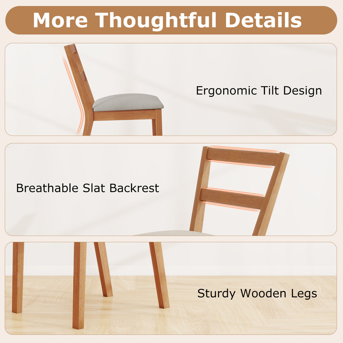 Wooden Dining Chair Set of 2 - Brown Upholstered Farmhouse Kitchen Chair
