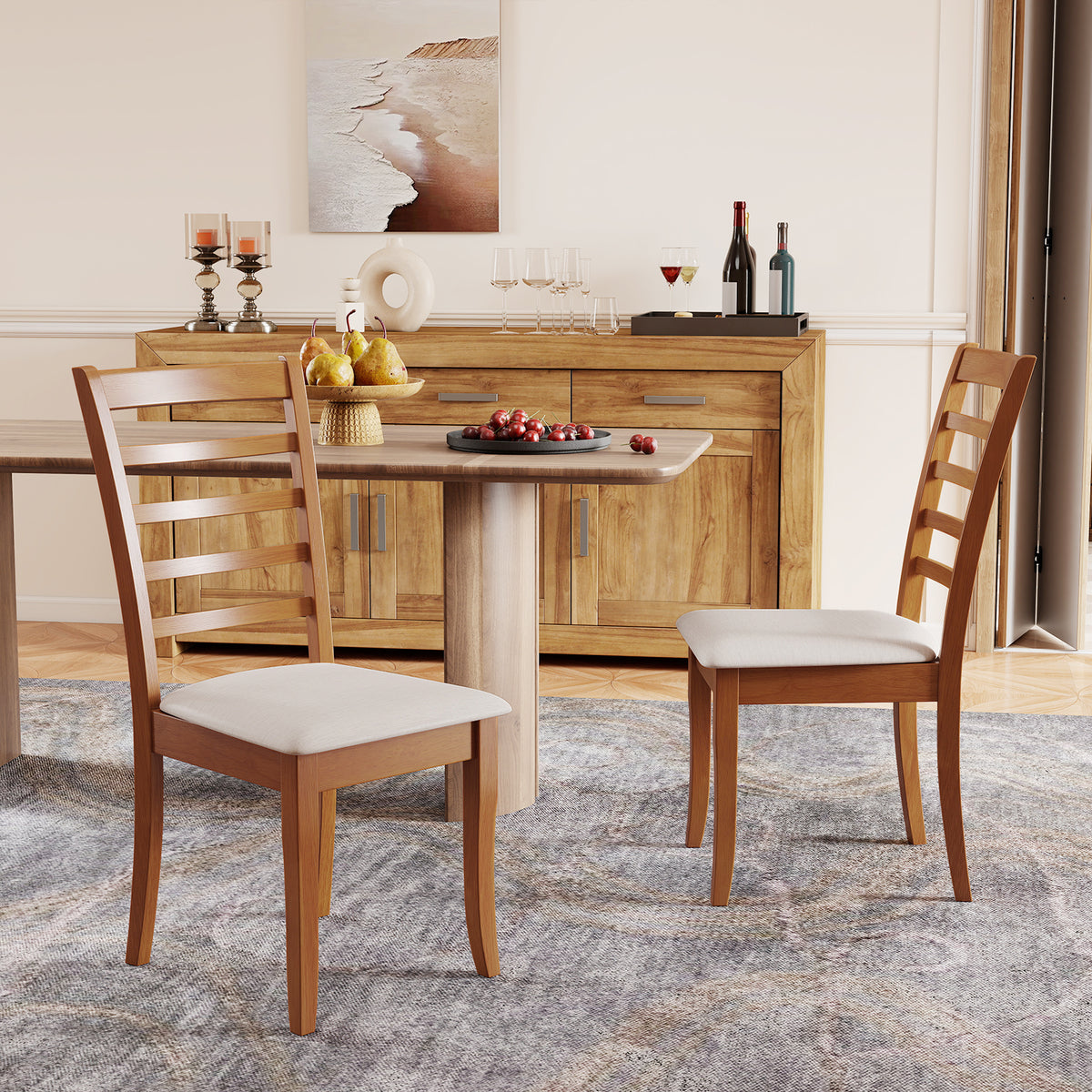Wooden Dining Chairs Set of 2 Upholstered - Beige