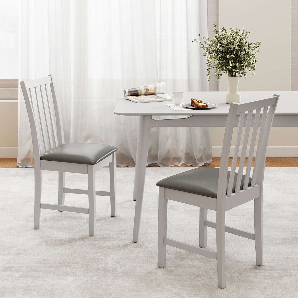 Wooden Dining Chair Set of 2 - White, Vertical Slat with PVC Leather