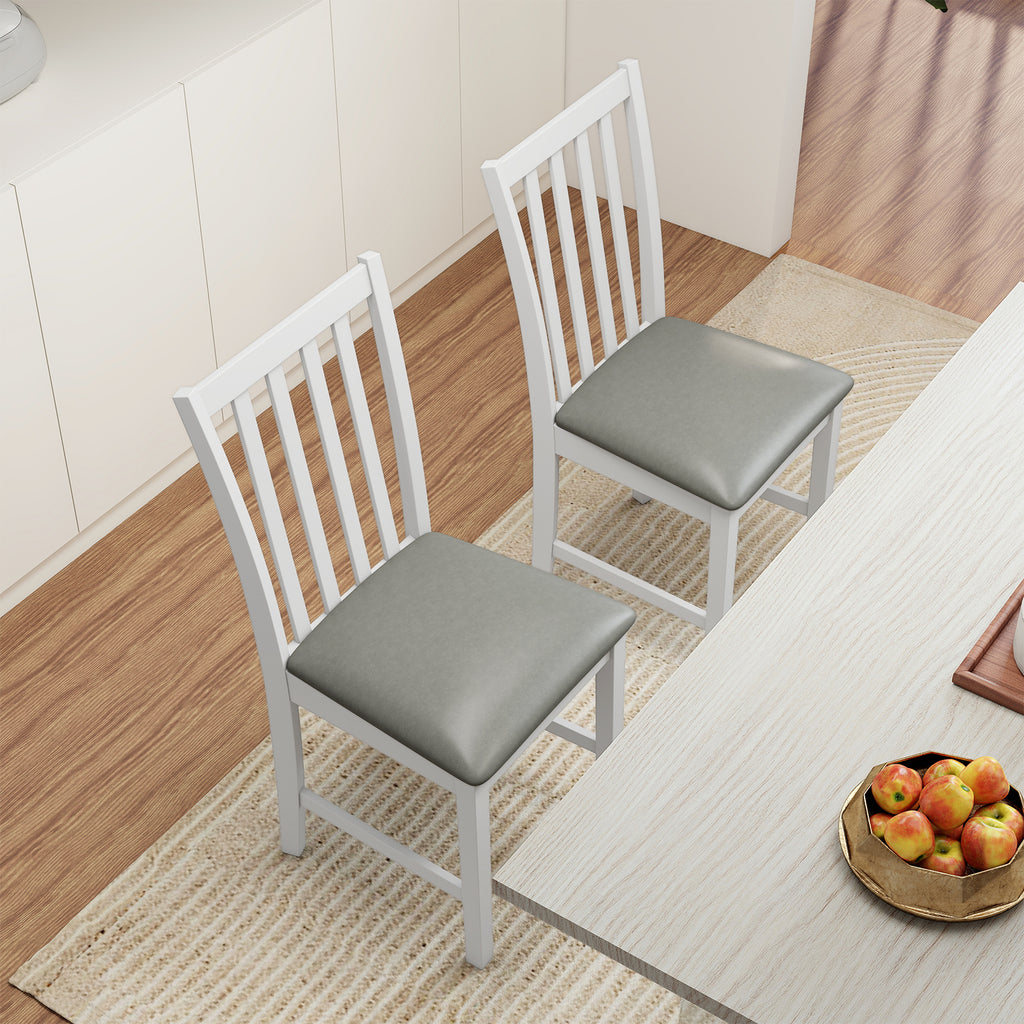 Wooden Dining Chair Set of 2 - White, Vertical Slat with PVC Leather