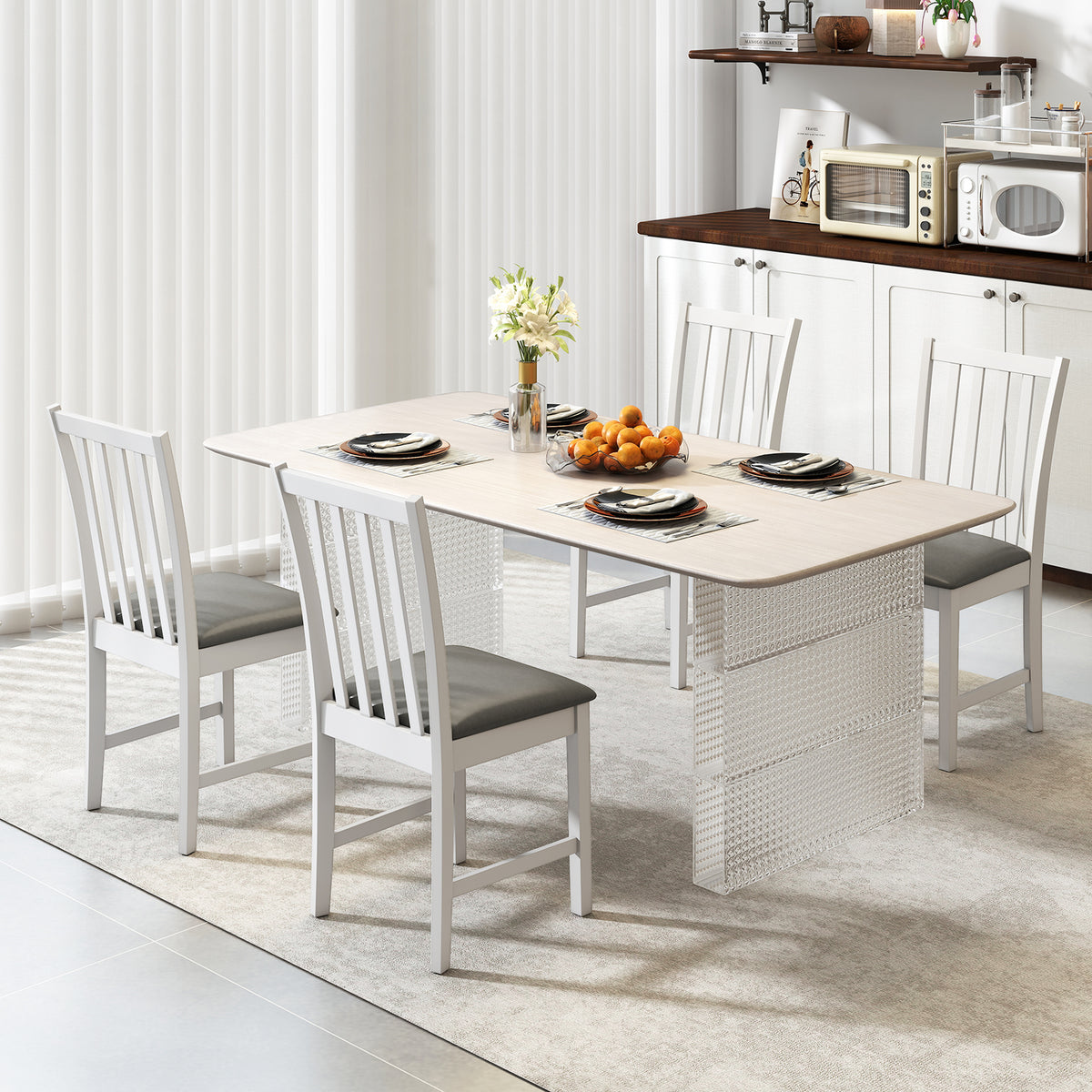 Wooden Dining Chair Set of 2 - White, Vertical Slat with PVC Leather