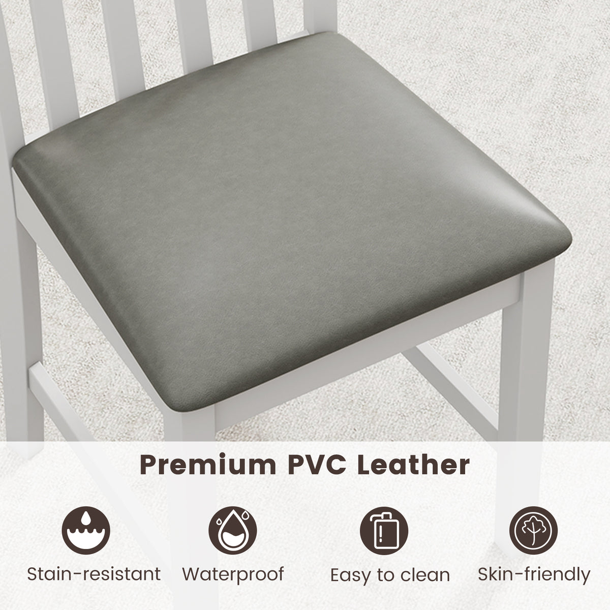 Wooden Dining Chair Set of 2 - White, Vertical Slat with PVC Leather