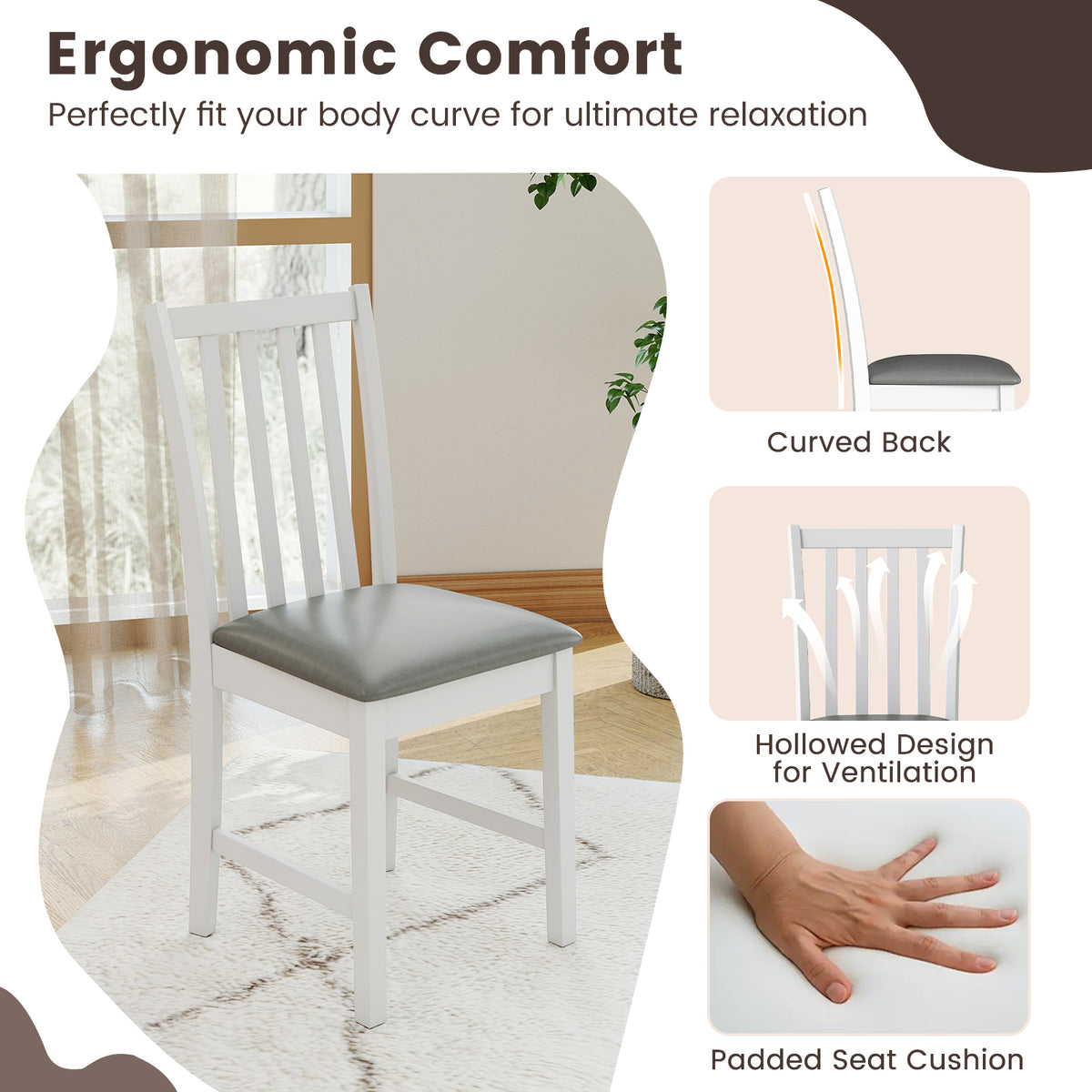Wooden Dining Chair Set of 2 - White, Vertical Slat with PVC Leather